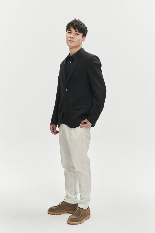 delikatessen Garden Trousers in a White Italian Cotton and Linen Seersucker by Subalpino