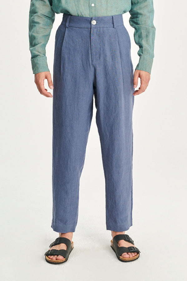 delikatessen Genuine Trousers in a Police Blue Fine Sustainable Belgian Linen
