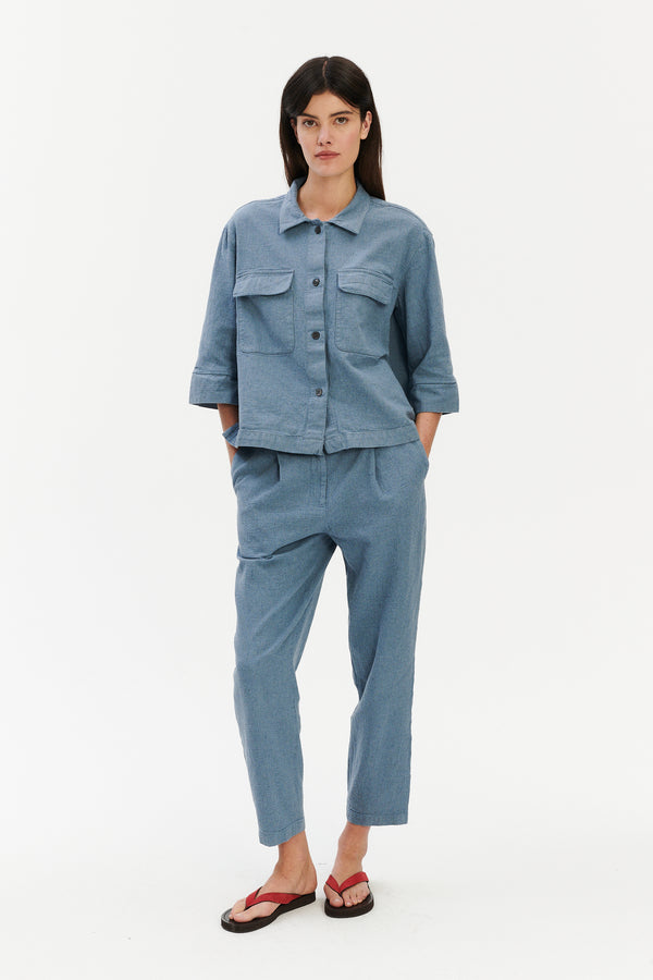 Delikatessen Jogger Trousers In A Pale Sky Blue Italian Recycled Cotton Denim