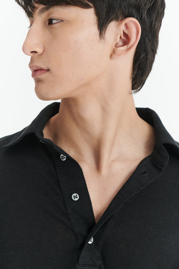 Delikatessen Long Sleeve Polo Shirt In The Finest Black Lithuanian Linen Jersey