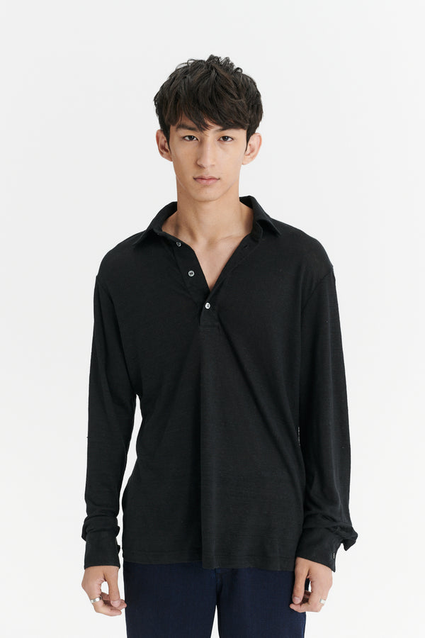 Delikatessen Long Sleeve Polo Shirt In The Finest Black Lithuanian Linen Jersey