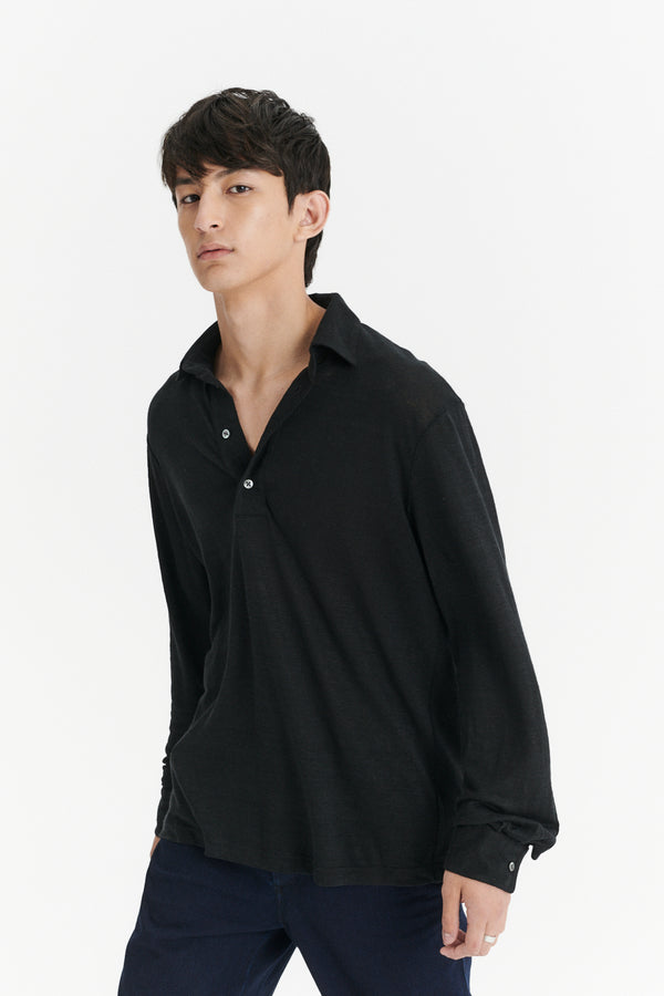 Delikatessen Long Sleeve Polo Shirt In The Finest Black Lithuanian Linen Jersey