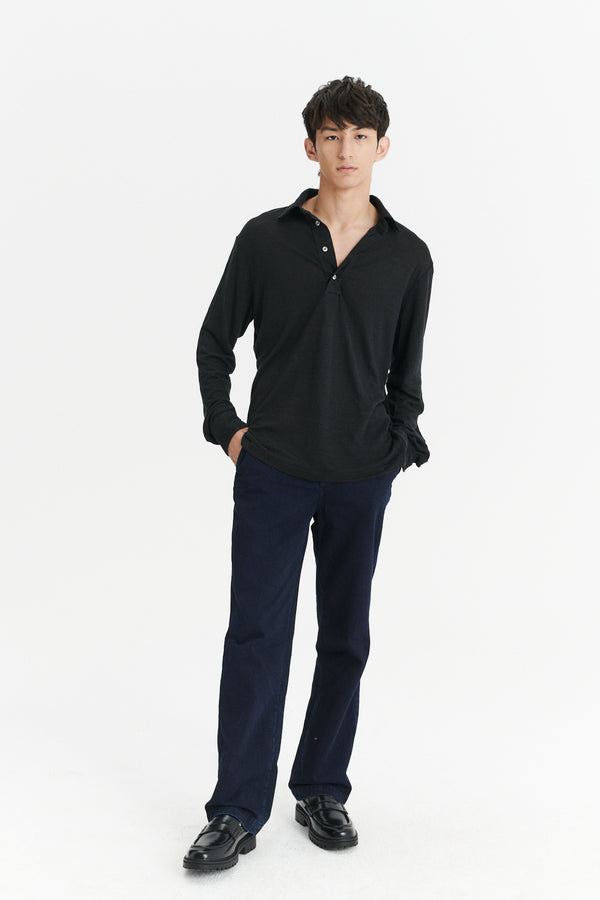 delikatessen Long Sleeve Polo Shirt in the Finest Black Lithuanian Linen Jersey