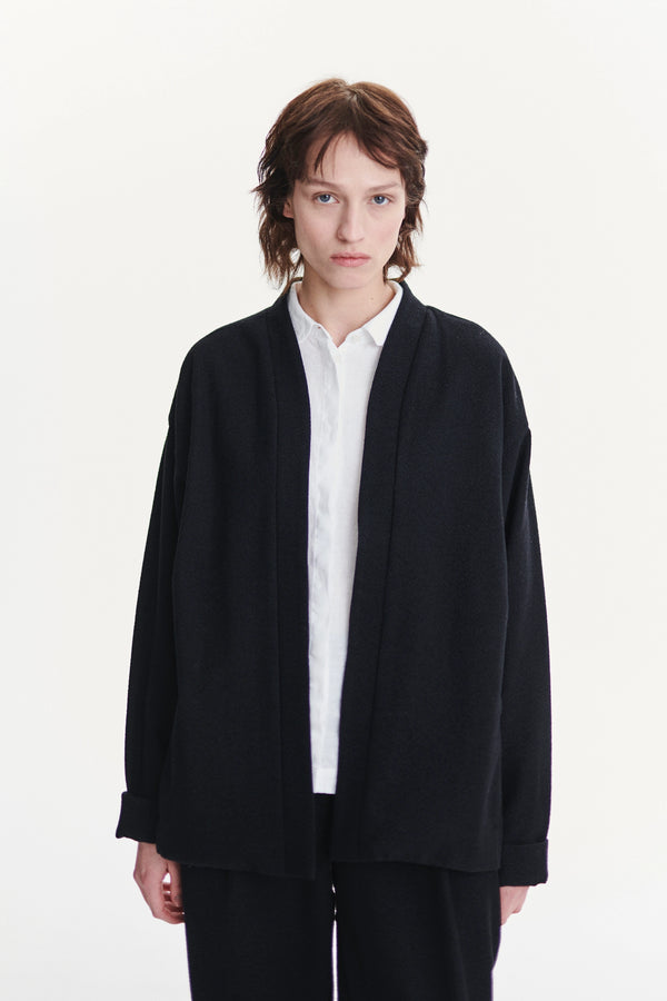 Delikatessen Minimal Kimono In A Black Italian Cotton And Virgin Wool Seersucker