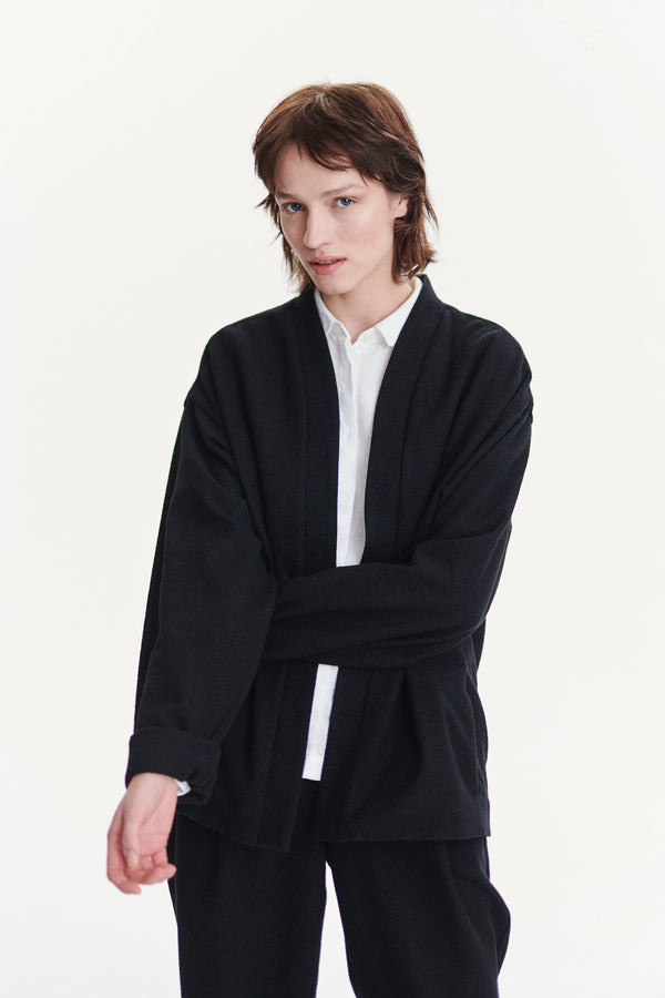 Delikatessen Minimal Kimono In A Black Italian Cotton And Virgin Wool Seersucker