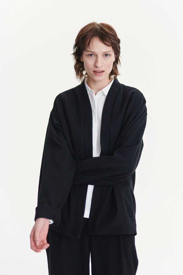 Delikatessen Minimal Kimono In A Black Italian Cotton And Virgin Wool Seersucker