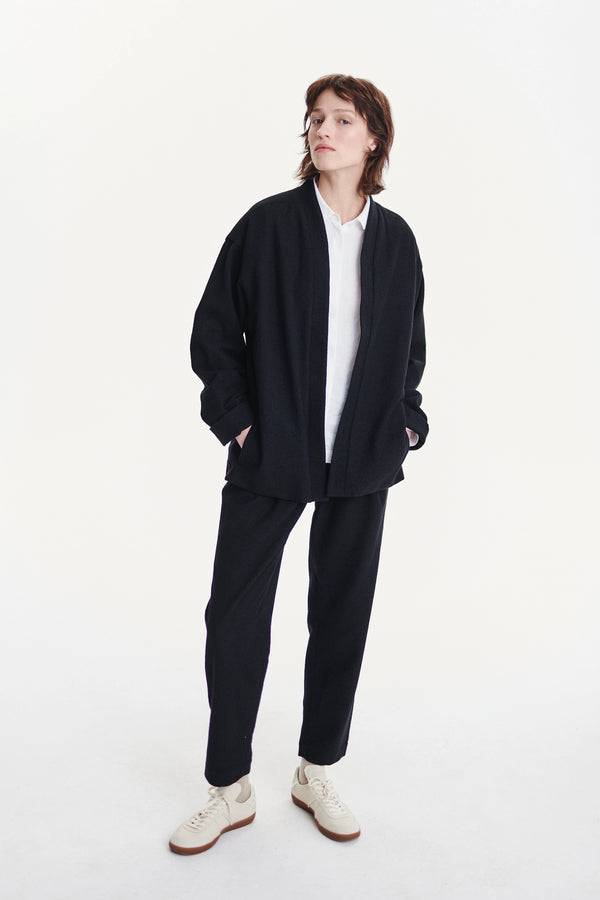 delikatessen Minimal Kimono in a Black Italian Cotton and Virgin Wool Seersucker
