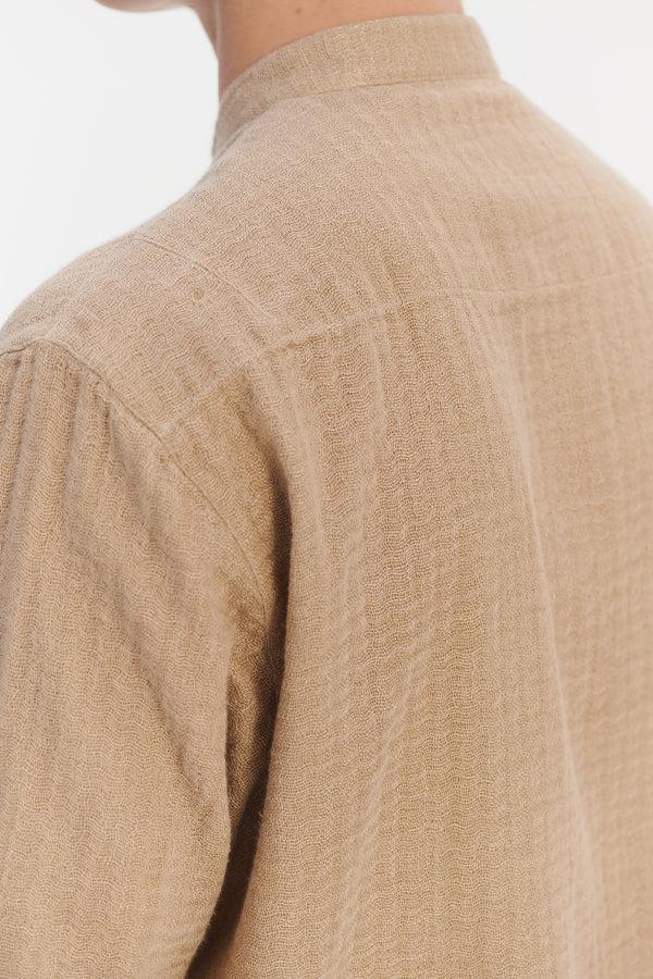 Delikatessen New Zen Grandad Collar Shirt In A Beige Double Sided Portuguese Cotton And Linen