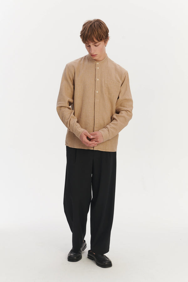 Delikatessen New Zen Grandad Collar Shirt In A Beige Double Sided Portuguese Cotton And Linen
