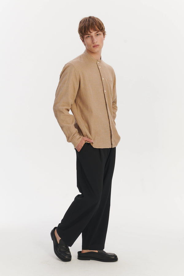 Delikatessen New Zen Grandad Collar Shirt In A Beige Double Sided Portuguese Cotton And Linen