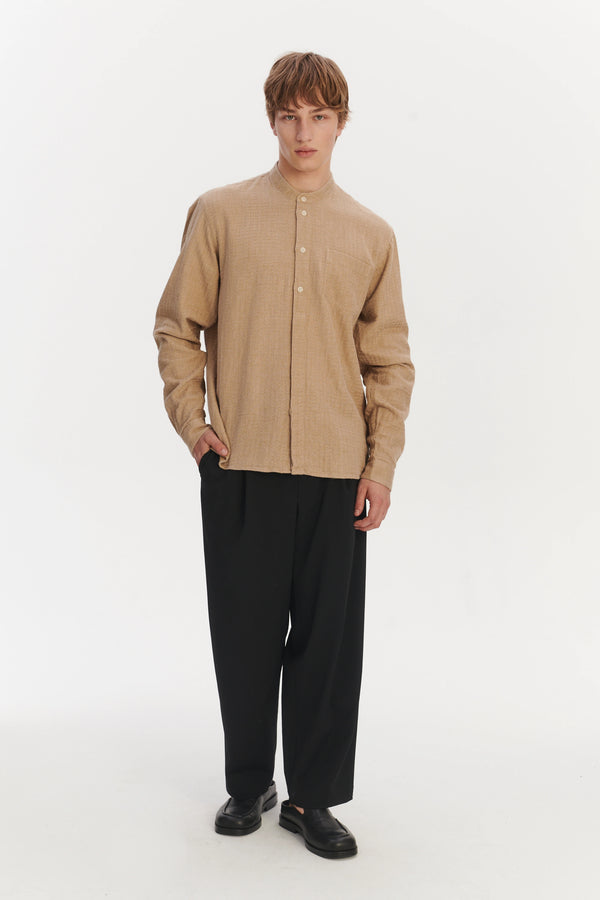 delikatessen New Zen Grandad Collar Shirt in a Beige Double Sided Portuguese Cotton and Linen