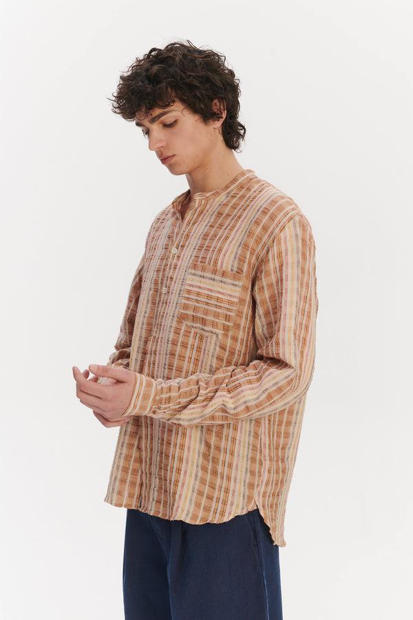 Delikatessen New Zen Grandad Collar Shirt In A Beige Orange And Brown Striped Portuguese Linen And Cotton