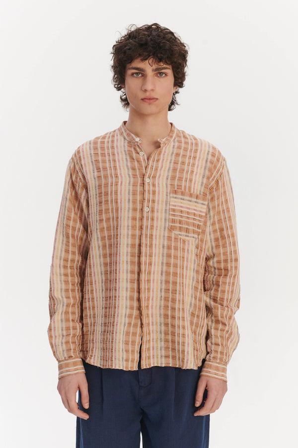 Delikatessen New Zen Grandad Collar Shirt In A Beige Orange And Brown Striped Portuguese Linen And Cotton