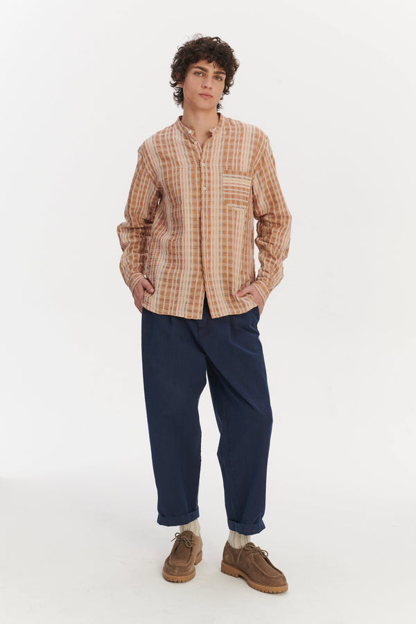 Delikatessen New Zen Grandad Collar Shirt In A Beige Orange And Brown Striped Portuguese Linen And Cotton