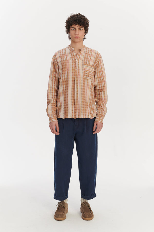 delikatessen New Zen Grandad Collar Shirt in a Beige Orange and Brown Striped Portuguese Linen and Cotton