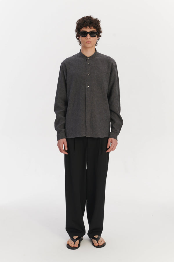 delikatessen New Zen Grandad Collar Shirt in a Charcoal Grey Mix of Japanese Linen and Cotton