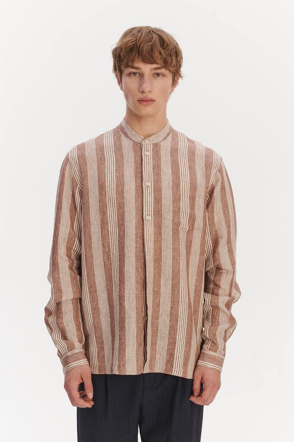 Delikatessen New Zen Grandad Collar Shirt In A Rusty Brown And Beige Striped Italian Linen