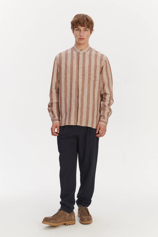 Delikatessen New Zen Grandad Collar Shirt In A Rusty Brown And Beige Striped Italian Linen