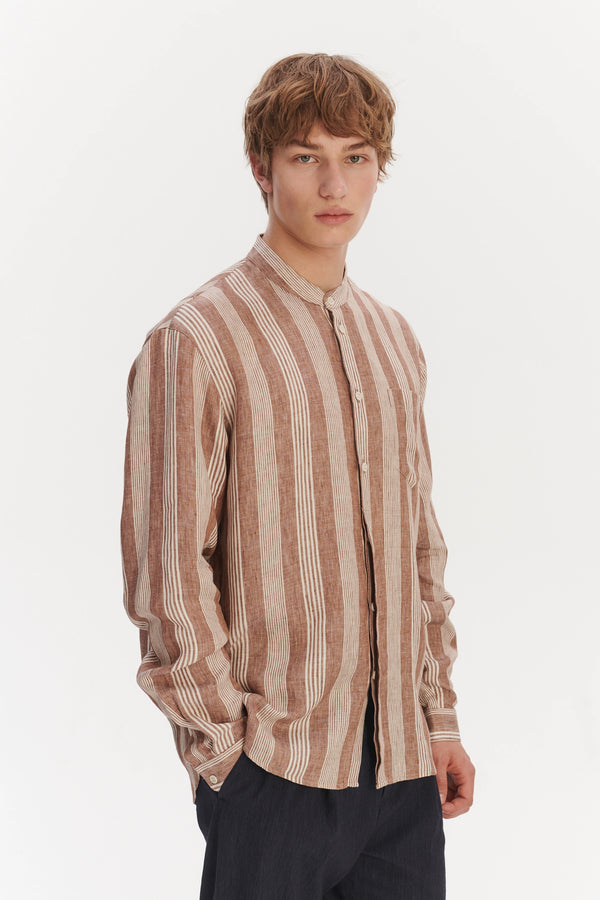 Delikatessen New Zen Grandad Collar Shirt In A Rusty Brown And Beige Striped Italian Linen
