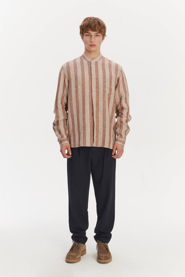 delikatessen New Zen Grandad Collar Shirt in a Rusty Brown and Beige Striped Italian Linen