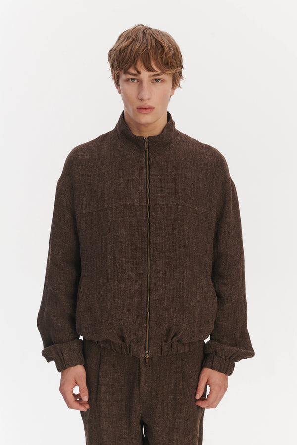 Delikatessen New Zipped Blouson Jacket In A Brown Italian Linen Crêpe