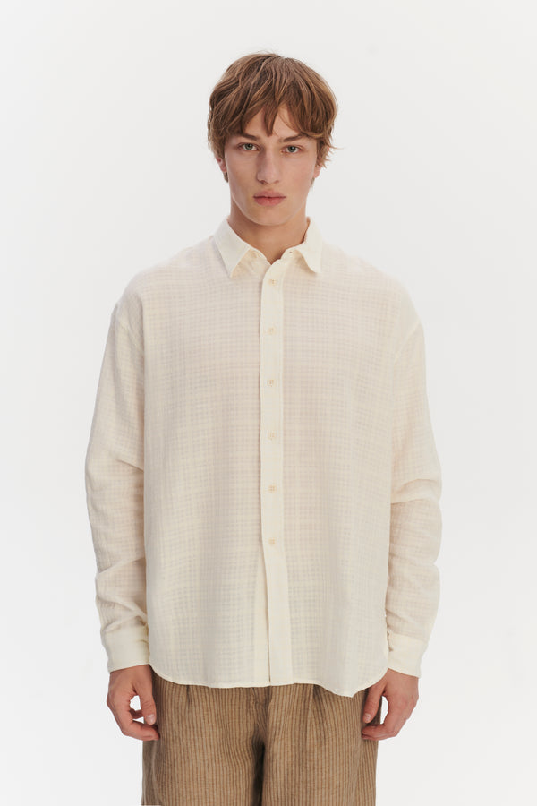 Delikatessen Oversized Rider Shirt In A Cream White Airy Structural Portuguese Cotton