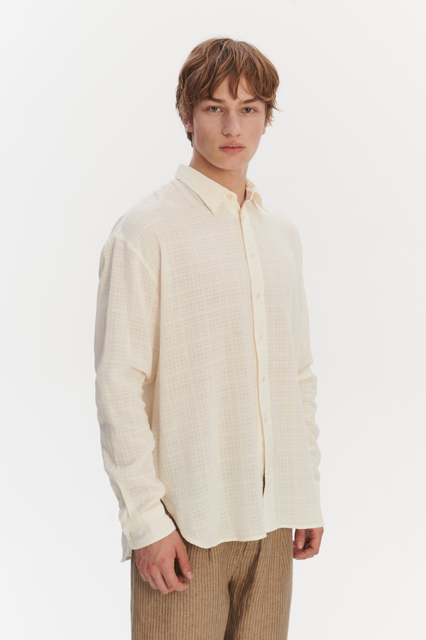 Delikatessen Oversized Rider Shirt In A Cream White Airy Structural Portuguese Cotton