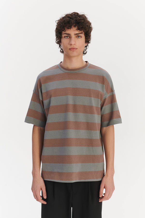 Delikatessen Oversized T-Shirt In A Thick Taupe Beige And Sea Blue Horizontal Striped Portuguese Organic Cotton