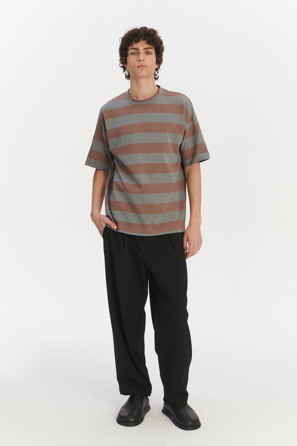 Delikatessen Oversized T-Shirt In A Thick Taupe Beige And Sea Blue Horizontal Striped Portuguese Organic Cotton