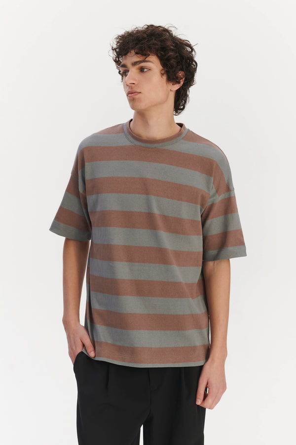Delikatessen Oversized T-Shirt In A Thick Taupe Beige And Sea Blue Horizontal Striped Portuguese Organic Cotton