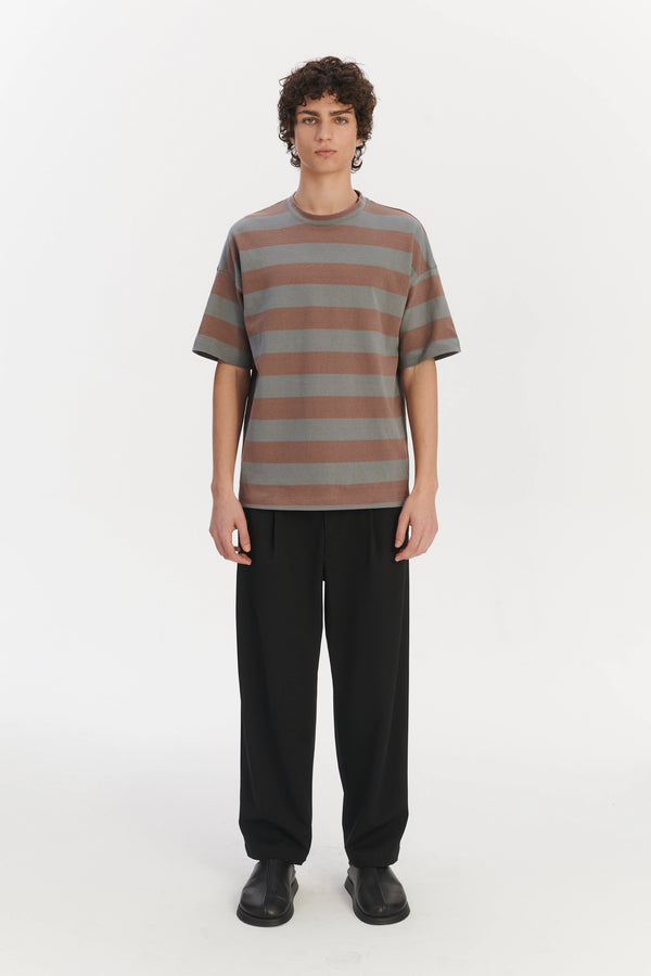 delikatessen Oversized T-Shirt in a Thick Taupe Beige and Sea Blue Horizontal Striped Portuguese Organic Cotton delikatessen Oversized T-Shirt in a Thick Taupe Beige and Sea Blue Horizontal Striped Portuguese Organic Cotton