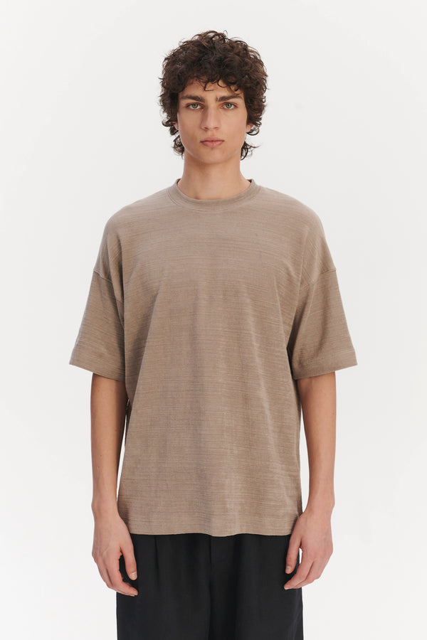 Delikatessen Oversized T-Shirt In An Organic Taupe Beige Portuguese Cotton And Linen