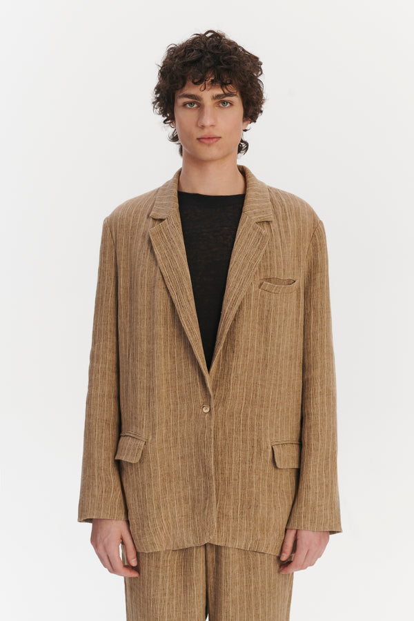 Delikatessen Oversized Unconstructed Layover Jacket In A Camel Fluid Italian Linen And Viscose