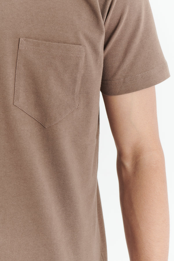 Delikatessen Pocket T-Shirt In A Taupe Shady Brown Japanese Soft Organic Cotton Jersey