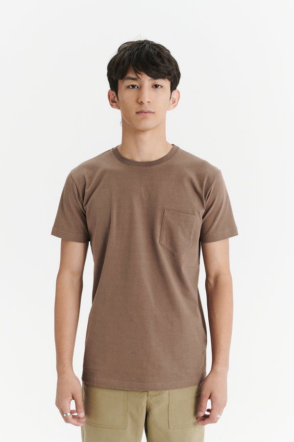Delikatessen Pocket T-Shirt In A Taupe Shady Brown Japanese Soft Organic Cotton Jersey
