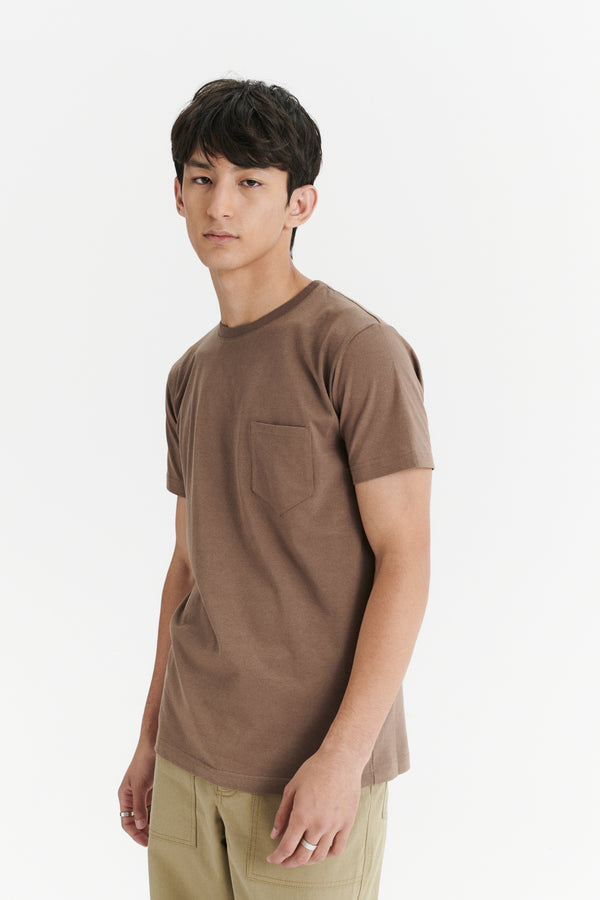 Delikatessen Pocket T-Shirt In A Taupe Shady Brown Japanese Soft Organic Cotton Jersey