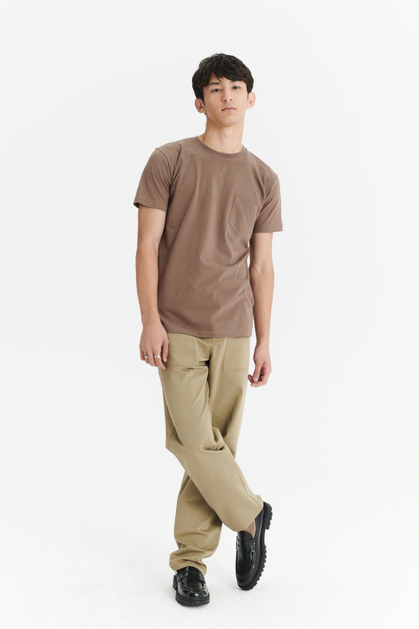 delikatessen Pocket T-Shirt in a Taupe Shady Brown Japanese Soft Organic Cotton Jersey