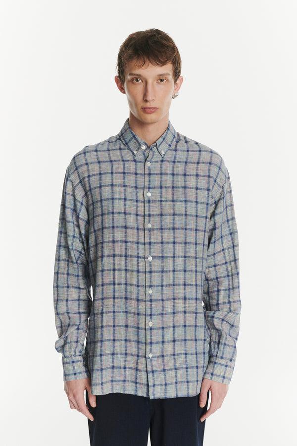 Delikatessen Rare Archive Find - Rolled Sleeves Shirt In The Finest Blue White Yellow Green And Red Chequered Italian LInen