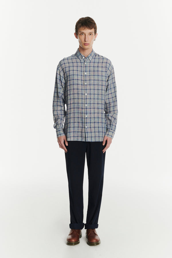 delikatessen Rare Archive Find - Rolled Sleeves Shirt in the Finest Blue White Yellow Green and Red Chequered Italian LInen