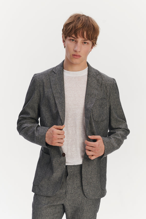 Delikatessen Relaxed Blazer In A Grey Blend Of Italian Virgin Wool Silk And Linen By Zignone