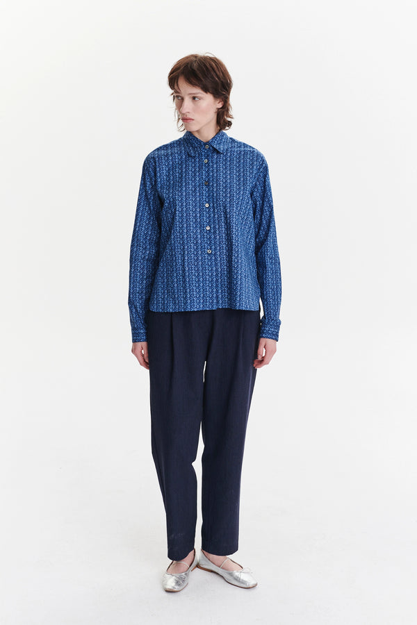 Delikatessen Relaxed Blouse In A Blue Abstract Flower Print Italian Cotton