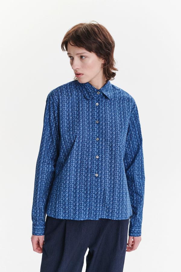 Delikatessen Relaxed Blouse In A Blue Abstract Flower Print Italian Cotton