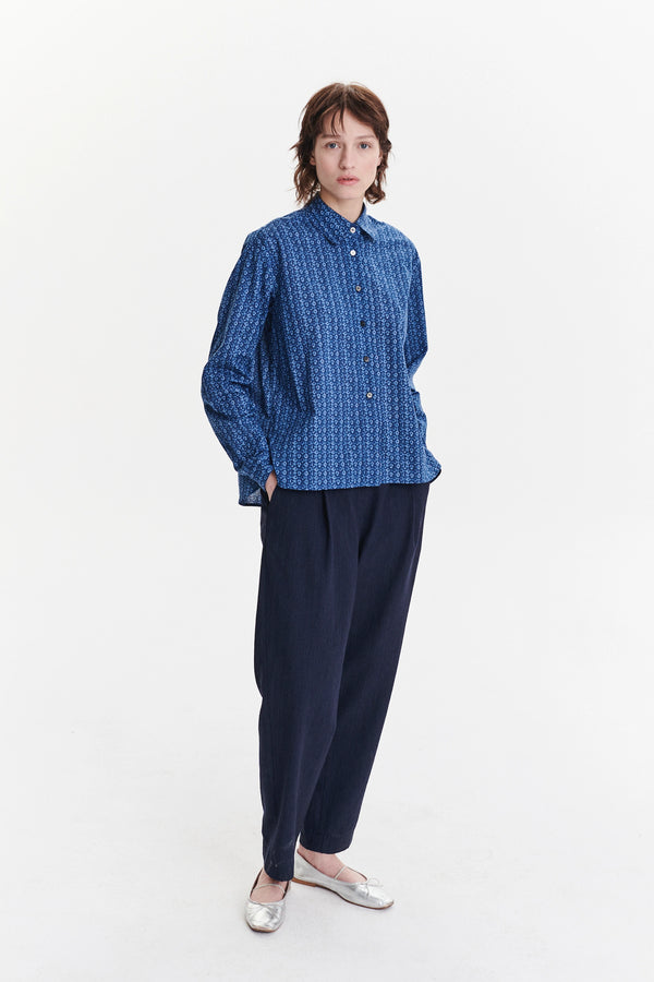 delikatessen Relaxed Blouse in a Blue Abstract Flower Print Italian Cotton