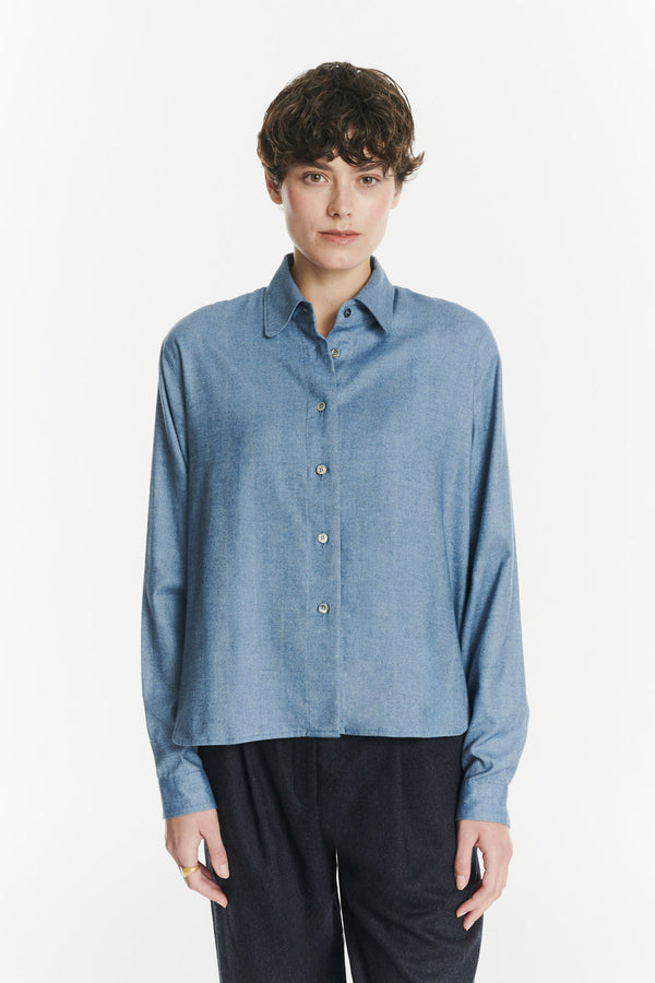 Delikatessen Relaxed Blouse In A Blue Soft Italian Lyocell And Cotton Flannel