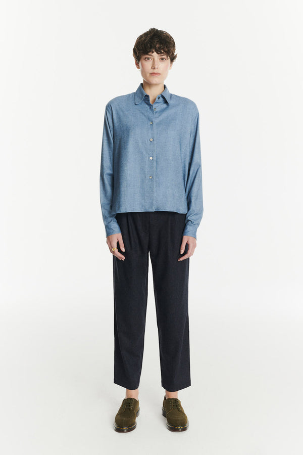 delikatessen Relaxed Blouse in a Blue Soft Italian Lyocell and Cotton Flannel