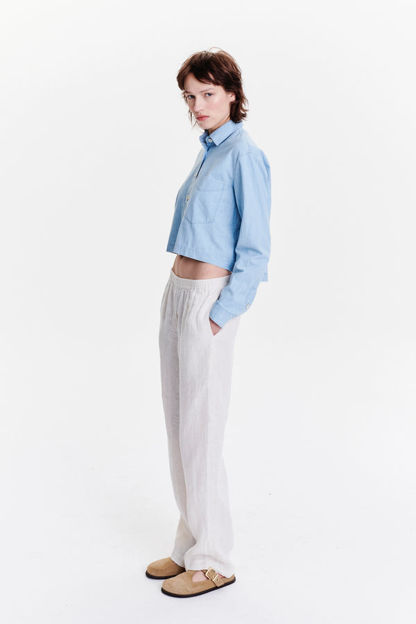 Delikatessen Relaxed Cropped Shirt In A Pale Sky Blue Bleached Italian Cotton Denim