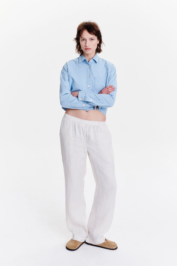 Delikatessen Relaxed Cropped Shirt In A Pale Sky Blue Bleached Italian Cotton Denim