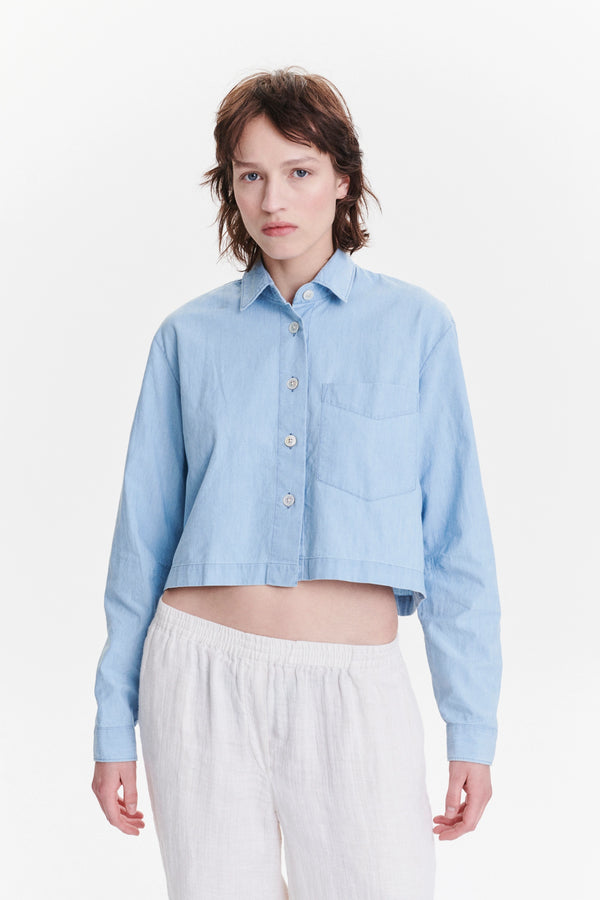 Delikatessen Relaxed Cropped Shirt In A Pale Sky Blue Bleached Italian Cotton Denim