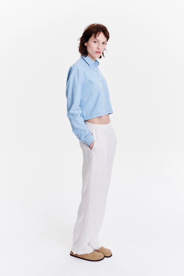 delikatessen Relaxed Cropped Shirt in a Pale Sky Blue Bleached Italian Cotton Denim
