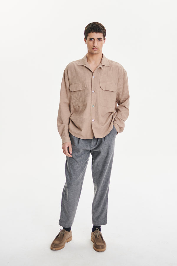 delikatessen Relaxed Oversized Leisure Shirt in a Soft Cashmere and Cotton Seersucker
